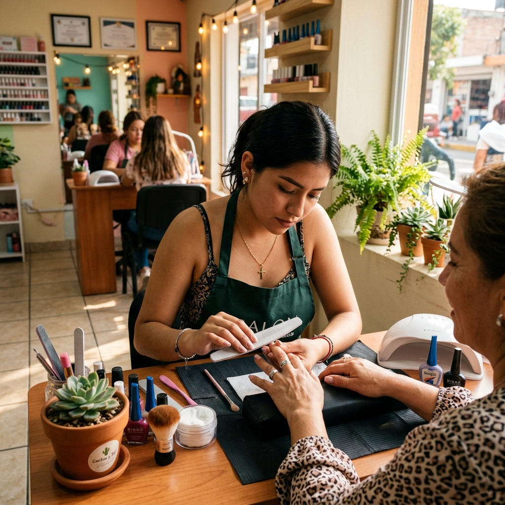 Manicurista trabajando en un salón local en México