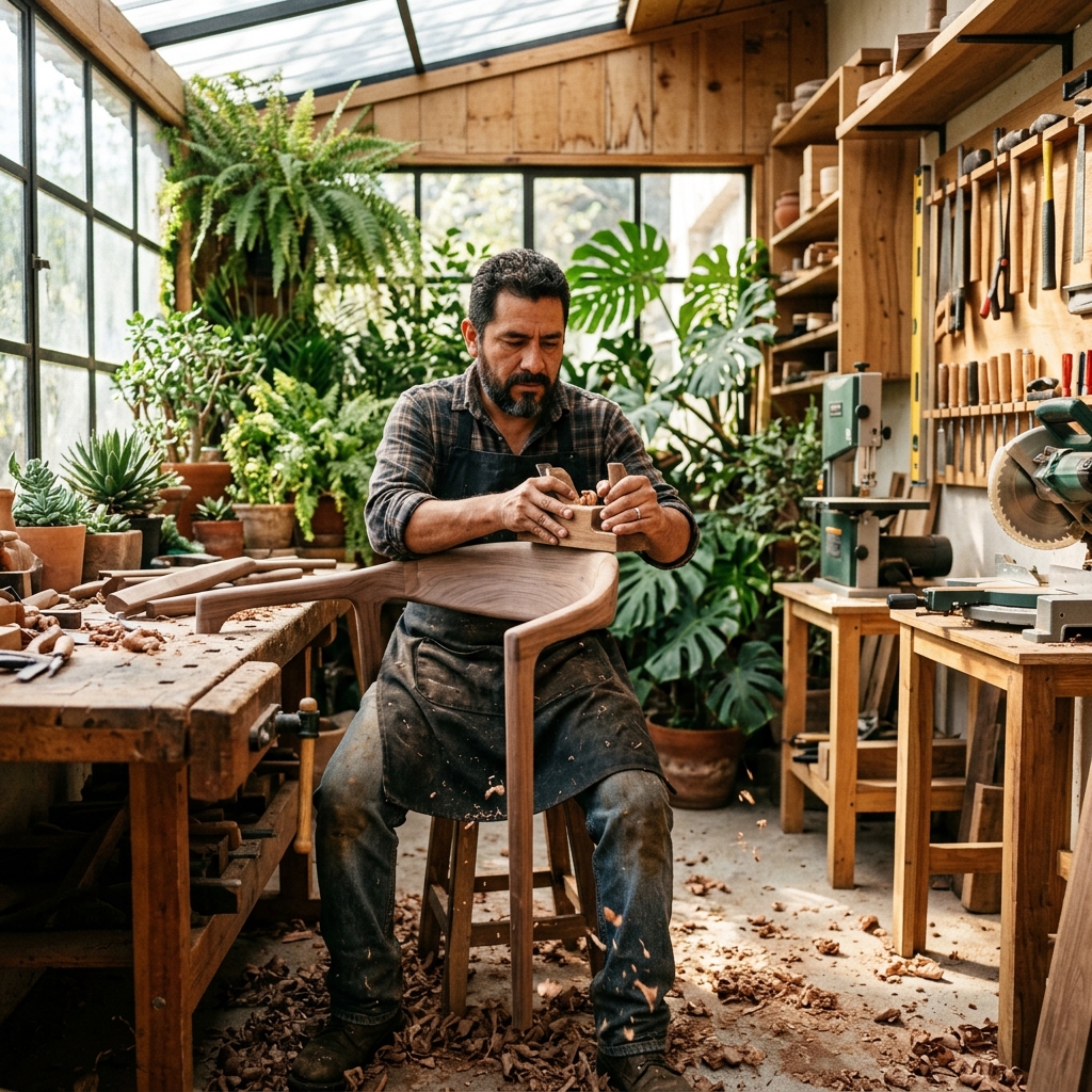 Carpintero mexicano trabajando en su taller